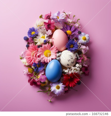 Easter creative composition with Easter eggs and spring flowers Easter creative composition with Easter eggs and spring flowers 108732146