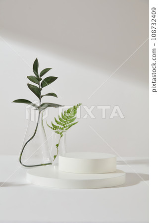 Two round podiums stacked on each other decorated with fresh leaves inside erlenmeyer flasks. Minimal podium display for cosmetic product presentation Two round podiums stacked on each other decorated with fresh leaves inside erlenmeyer flasks. Minimal podium display for cosmetic product presentation 108732409