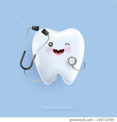 Tooth character with stethoscope is happy. tooth suitable for children dental clinic. tooth character for kids. cute dentist mascot for medical apps, websites and hospital. vector design. 108732594