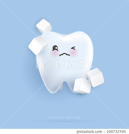 Tooth characters with sugar is feel bad. unhealthy teeth plaque and caries hole with candy. Illustration for children. dental and dentistry concept. vector design. 108732595