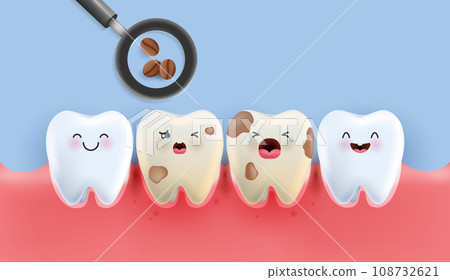 set of Unhealthy tooth with coffee stains. coffee makes your teeth yellow. tooth for children. dental and dentistry concept for kids hospital. healthy tooth character. cute clean tooth cartoon icon. 108732621