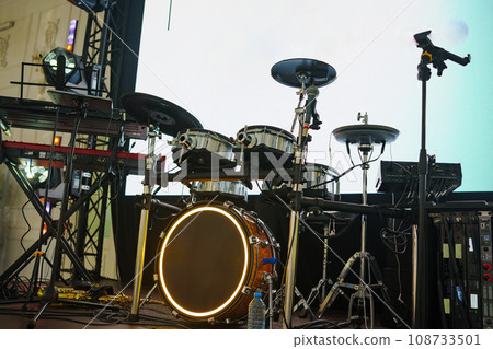 Drum set on stage. a musical group at a banquet. 108733501