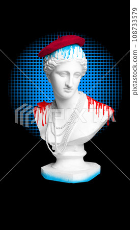 Female antique statue bust in red beret with paint splashes against black background with. Fashion. Contemporary art collage. Female antique statue bust in red beret with paint splashes against black background with. Fashion. Contemporary art collage. 108733579
