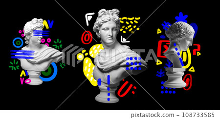 Set of antique statue busts against black background with colorful abstract design elements. Contemporary art collage. 108733585