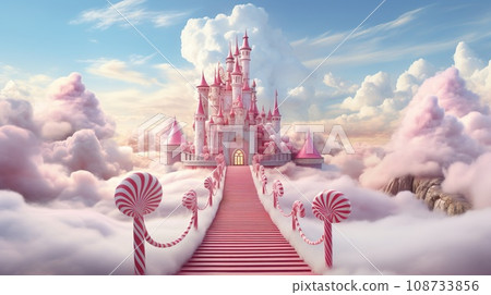 Fabulous pink castle with candy track, flowers and cotton clouds 108733856