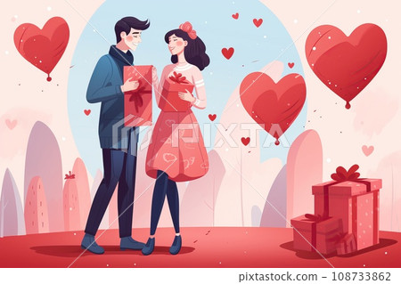 A couple exchange gifts, hearts around. A couple celebrate Valentine's day A couple exchange gifts, hearts around. A couple celebrate Valentine's day 108733862