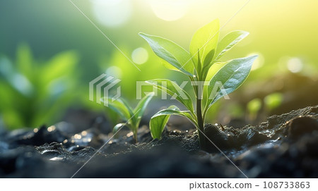 Green leaf of young plant close-up in sunlight in morning. Green leaf of young plant close-up in sunlight in morning. 108733863