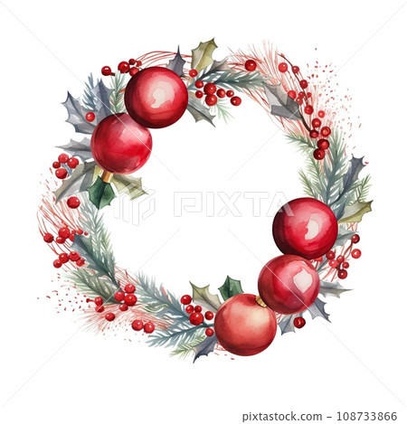 Christmas wreath of red balls and spruce branches. Watercolor illustration Christmas wreath of red balls and spruce branches. Watercolor illustration 108733866