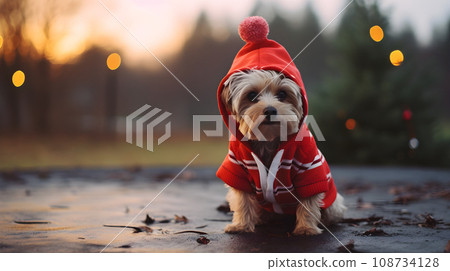 Dog in Santa Claus hat. 108734128