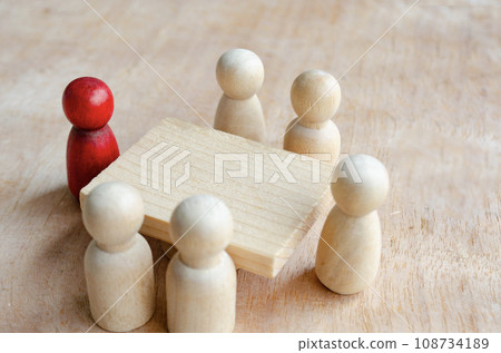 Close up of wooden figure having meeting or discussion. Meeting concept. 108734189