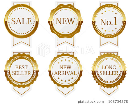 Set of 6 luxurious emblems with ribbons, white & gold 108734278