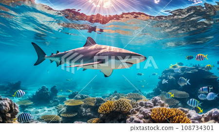 Shark swimming on deep ocean. Wildlife concept. Shark swimming on deep ocean. Wildlife concept. 108734301