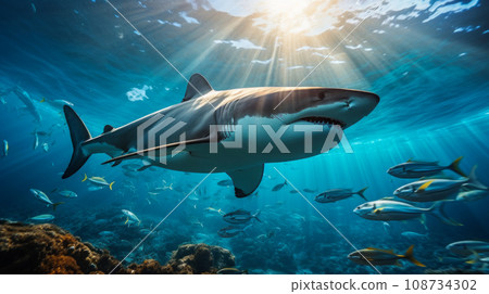 Shark swimming on deep ocean. Wildlife concept. Shark swimming on deep ocean. Wildlife concept. 108734302