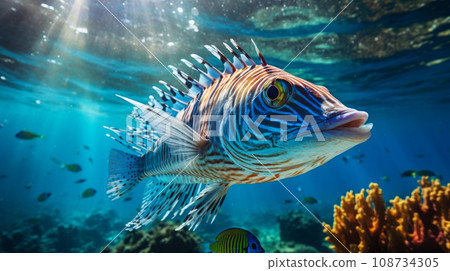 Close up of tigerfish on blue ocean Close up of tigerfish on blue ocean 108734305