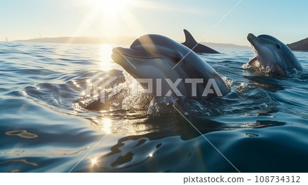 School of dolphin swimming in blue ocean. Marine and wildlife concept School of dolphin swimming in blue ocean. Marine and wildlife concept 108734312