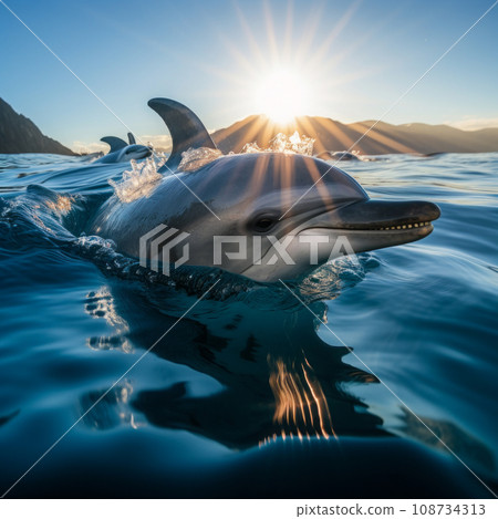 School of dolphin swimming in blue ocean. Marine and wildlife concept 108734313
