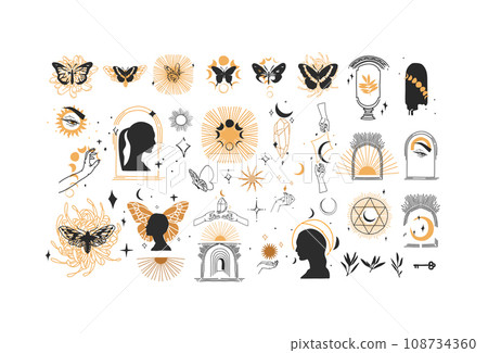 Hand drawn vector abstract graphic line illustration elements collection set,magic crescent,butterfly,flowers,animals,moon and human hands isolated. Mystical celestial esoteric magic design concept. 108734360