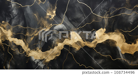 abstract black background with gold veins, stone texture, alcohol ink. abstract black background with gold veins, stone texture, alcohol ink. 108734496