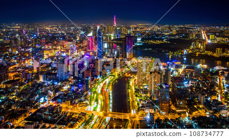 Aerial view of Ho chi minh city or Saigon city at night in Vietnam. 108734777