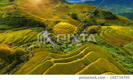 Aerial view of Rice terraces in Mu cang chai, Vietnam. Aerial view of Rice terraces in Mu cang chai, Vietnam. 108734795