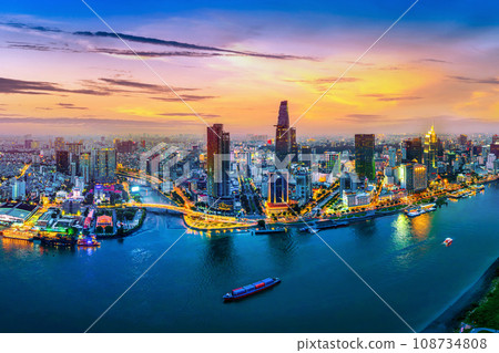 Aerial view of Ho chi minh city or Saigon city at twilight in Vietnam. Aerial view of Ho chi minh city or Saigon city at twilight in Vietnam. 108734808