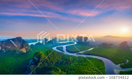 Panorama of Phang Nga bay with mountains at sunset in Thailand. 108734812