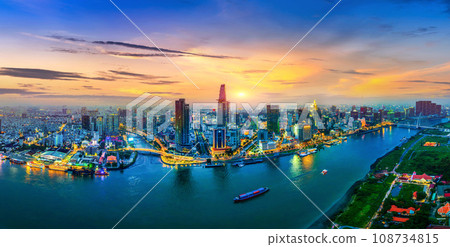 Panoramic of Ho chi minh city or Saigon city at twilight in Vietnam. 108734815