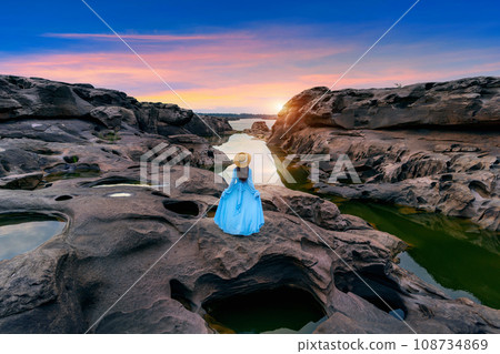Tourist standing at Sam Phan Bok in Ubon Ratchathani, Thailand. Grand canyon of Thailand. 108734869