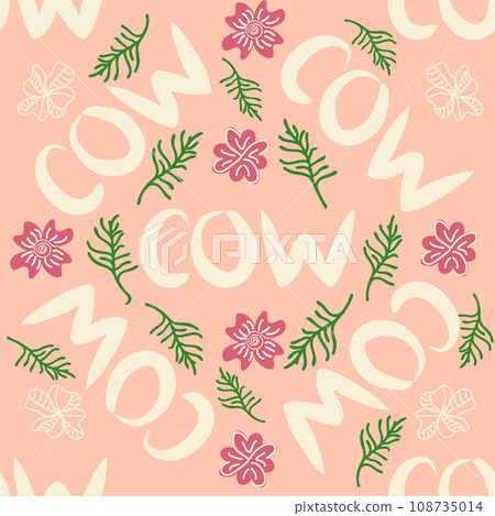 Dancing cow in the meadow cute seamless pattern, splashes of milk and the inscription Milk, Cow, Love. Flat 108735014
