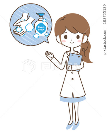 A woman in a white coat recommending hand washing 108735129