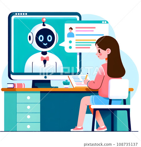 Girl interacting with AI, simple and cute illustration, AI generated image Girl interacting with AI, simple and cute illustration, AI generated image 108735137