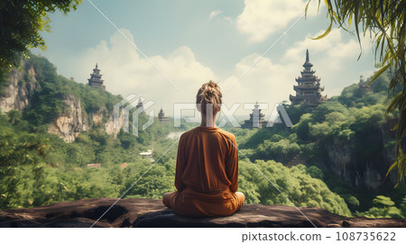 A fit woman sitting on a rock cliff A fit woman sitting on a rock cliff 108735622