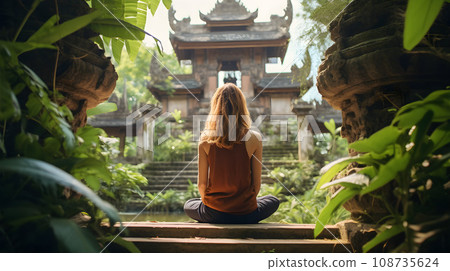 A fit woman sitting on a wooden pier 108735624