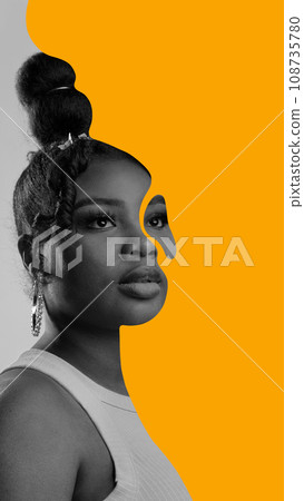 Poster. Contemporary art collage. Black and white portrait of African-African young woman with abstract kohl-lined orange paint eyes. 108735780