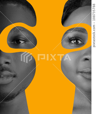 Poster. Contemporary art collage. Monochrome half-face portrait of African-African woman and man with kohl-lined orange paint eyes. 108735788