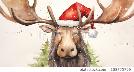 Christmas watercolor background. Christmas card. Adorable santa moose in a red hat Christmas watercolor background. Christmas card. Adorable santa moose in a red hat 108735799