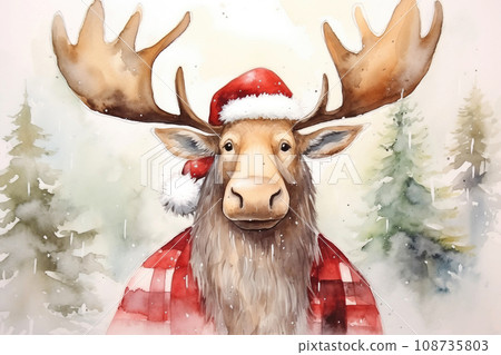 Christmas watercolor background. Christmas card. Adorable santa moose in a red hat Christmas watercolor background. Christmas card. Adorable santa moose in a red hat 108735803