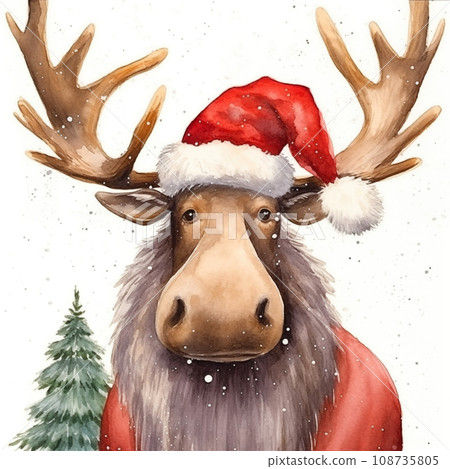 Christmas watercolor background. Christmas card. Adorable santa moose in a red hat Christmas watercolor background. Christmas card. Adorable santa moose in a red hat 108735805