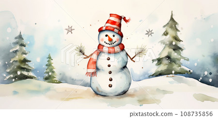 Christmas watercolor background. Christmas card. Adorable winter snowman postcard 108735856