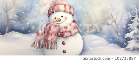 Christmas watercolor background. Christmas card. Adorable winter snowman postcard 108735857