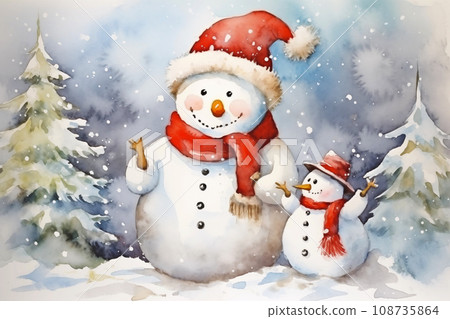 Christmas watercolor background. Christmas card. Adorable winter snowman postcard Christmas watercolor background. Christmas card. Adorable winter snowman postcard 108735864