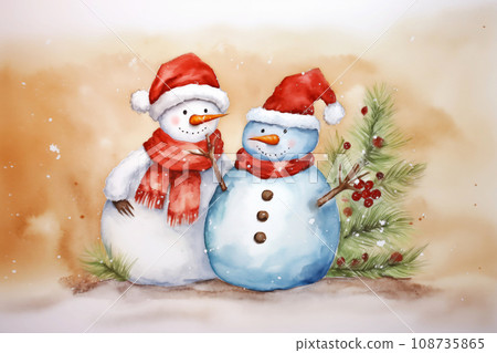 Christmas watercolor background. Christmas card. Adorable winter snowman postcard Christmas watercolor background. Christmas card. Adorable winter snowman postcard 108735865