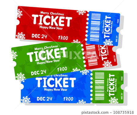 Christmas tickets of different colors on a white background. Holiday invitation Christmas tickets of different colors on a white background. Holiday invitation 108735918