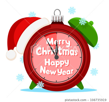 Christmas clock with Santa Claus hat on a white background. 108735919