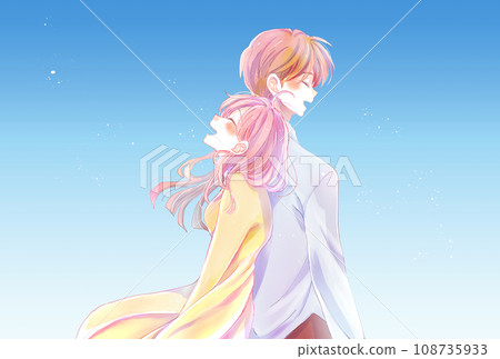一個快樂的男人和女人背靠背站在藍天上 108735933