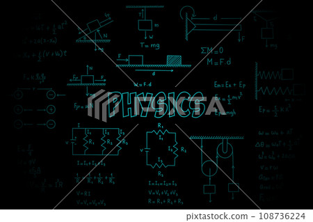 Futuristic background of physical formulas and equations, uniform rectilinear motion, static, electromagnetism, friction force, energy, angular velocity Futuristic background of physical formulas and equations, uniform rectilinear motion, static, electromagnetism, friction force, energy, angular velocity 108736224