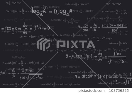Logarithmic, derivative, trigonometric, logarithmic, hyperbolic and inverse equations and formulas on a black background 108736235