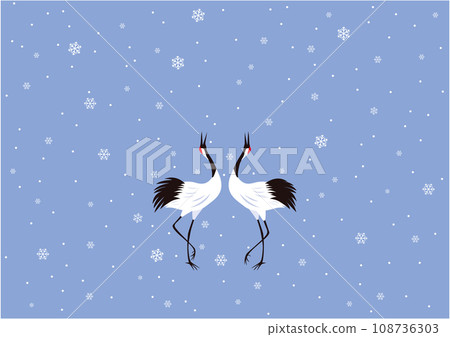 A pair of red-crowned cranes performs a courtship dance amid falling snowflakes A pair of red-crowned cranes performs a courtship dance amid falling snowflakes 108736303