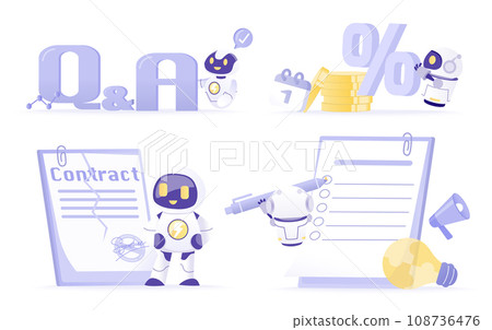 Artificial Intelligence (AI) technology and business ideas collection set. Questions and answers about the AI robot scene, financial management, contract tearing, checking list on paper. Artificial Intelligence (AI) technology and business ideas collection set. Questions and answers about the AI robot scene, financial management, contract tearing, checking list on paper. 108736476