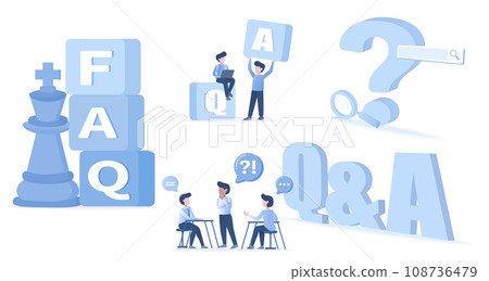 Frequently asked questions (FAQ) QA characters set. Confused, search, talking, meeting, ask question, answer, survey, help and support business development. Flat vector design illustration. 108736479